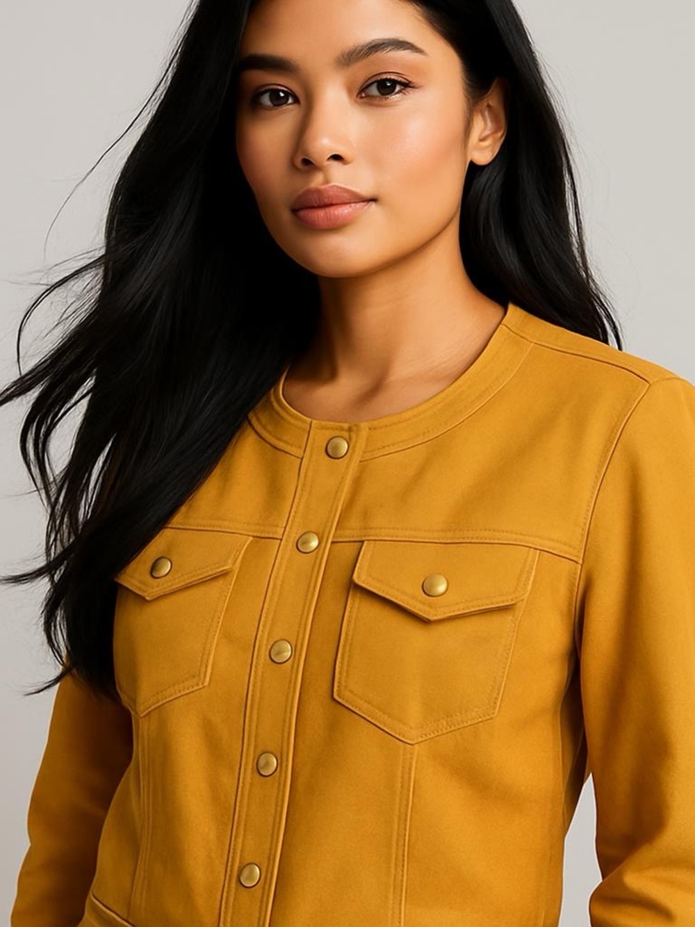 Lena Gabrielle Mustard Faux-Suede Crewneck Moto Jacket NWT‎ Size 14